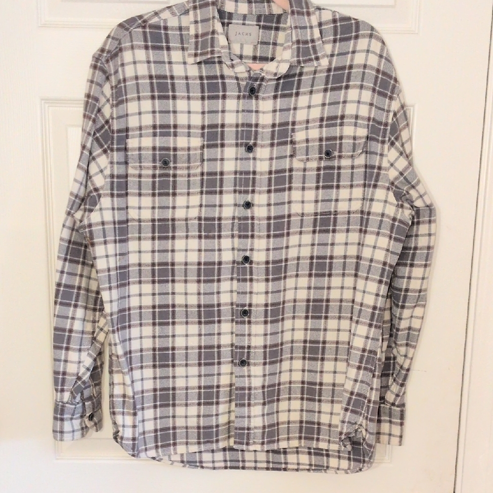 Jachs White/Gray/Brown Flannel Shirt With Pockets, Measures Extra large